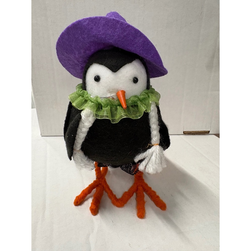Halloween Bird Witch Figurine Purple Hat Green Ruffle